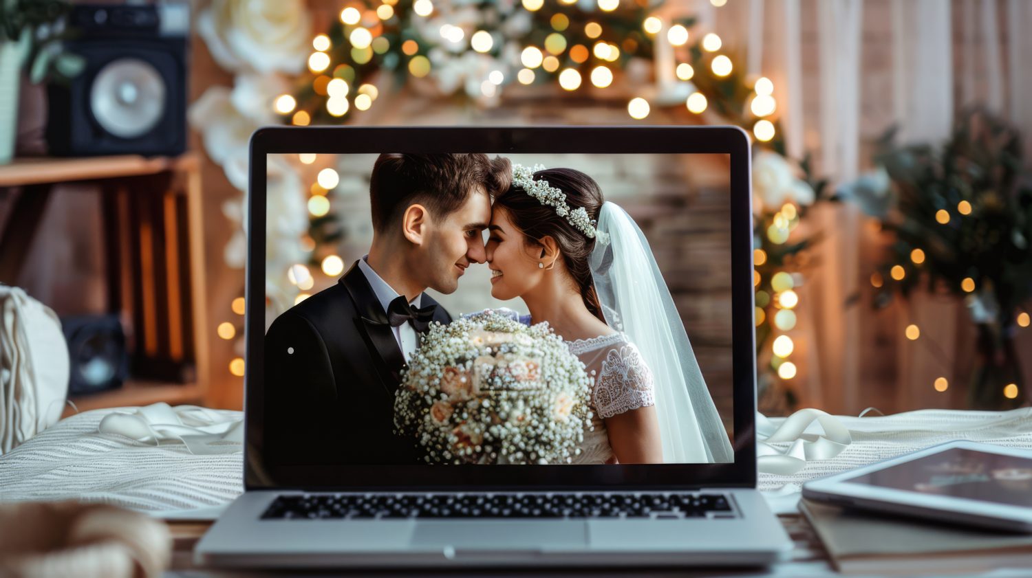 Bride and Groom on laptop screen